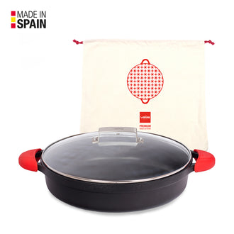 Casseruola bassa con coperchio in vetro, 2 presine in silicone e una borsa in cotone inclusi CM 32/L 5,5