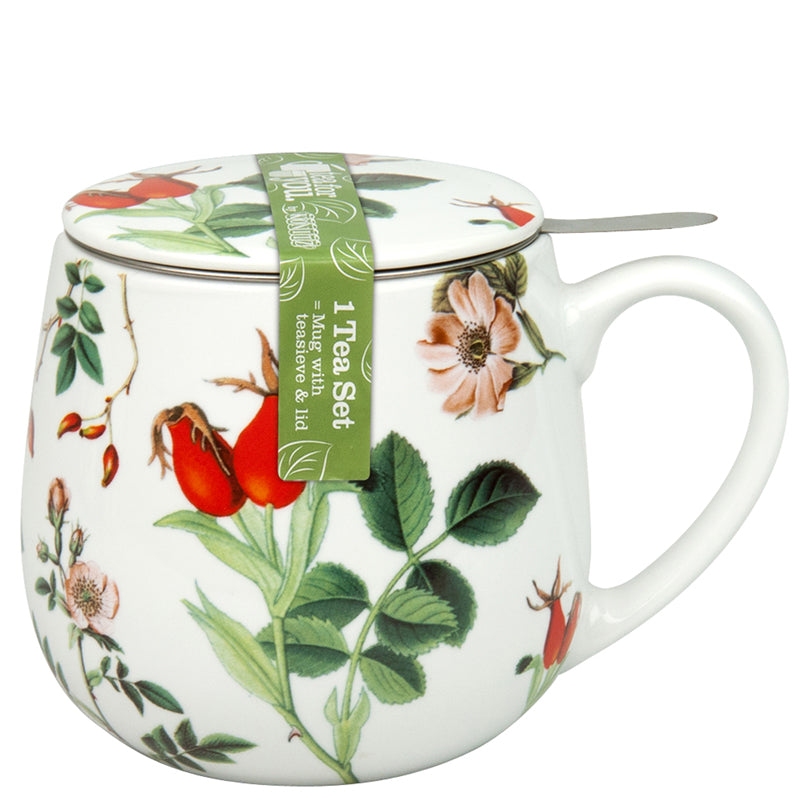 Tazza tè con coperchio e filtro, disegno: "My favourite Tea - Rosa canina" ml 420