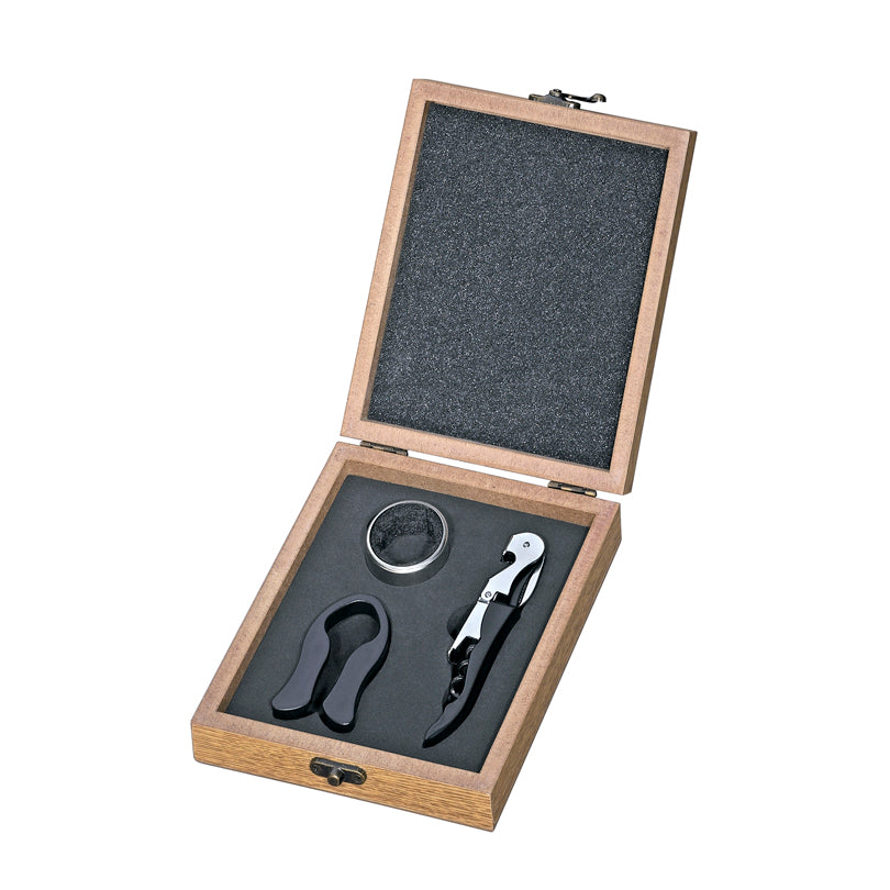 Set da vino "Piemonte", 3 pezzi in scatola regalo in legno cm 15x16,5x5