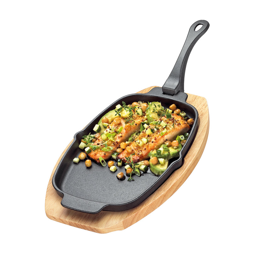 Padella grill/da portata "BBQ" ovale con manico staccabile e supporto legno cm 33x21x4