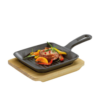 Padella grill/da portata "BBQ" quadrata con supporto legno cm 23x13,5x5,5