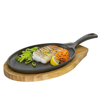 Padella grill/da portata "BBQ" ovale con supporto legno cm 39,5x19,5x5
