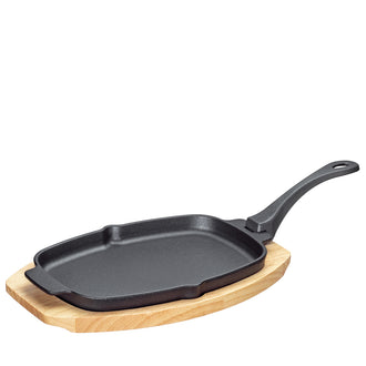 Padella grill/da portata "BBQ" ovale con manico staccabile e supporto legno cm 33x21x4